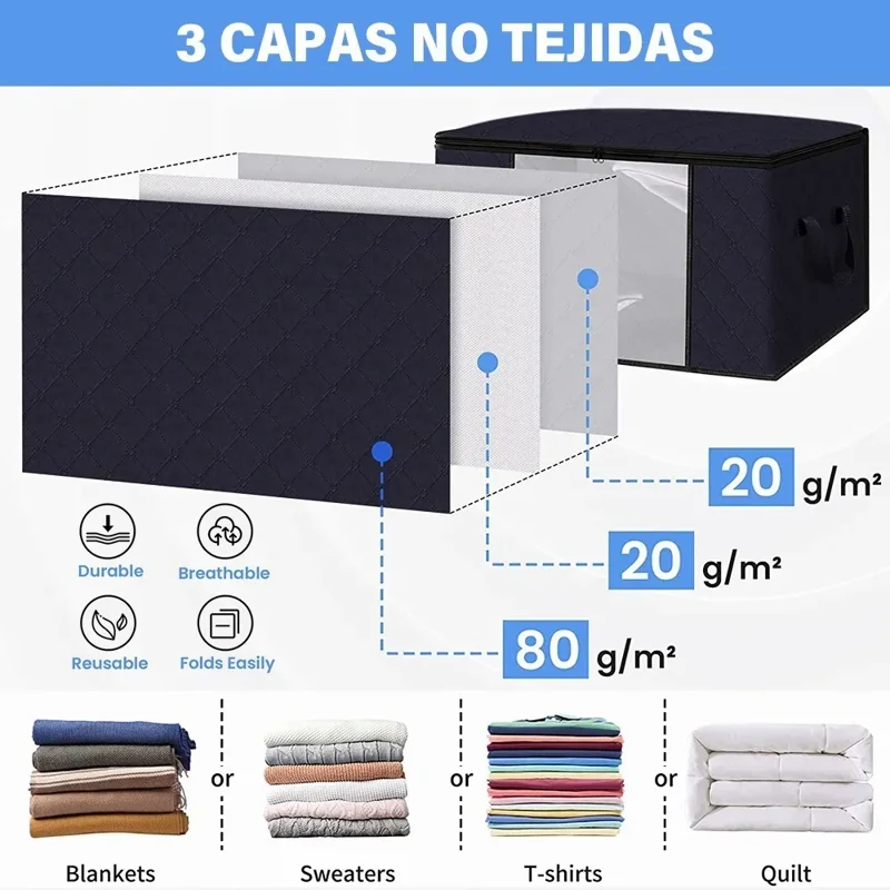 Foldable Clothes Storage Bag, 4 Pack 90L Large Blankets Underbed Storage Bags, Quilts Storage Containers with Thick Fabric, Stur