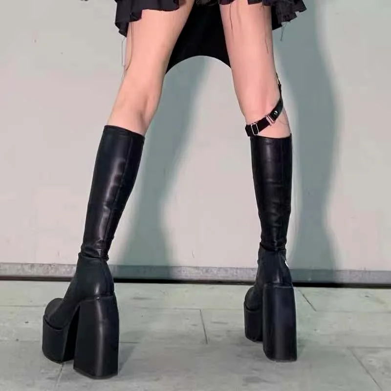 2022 New Women Boots High Heels Chunky Platform Black Big Size 43 Winter Boots Knee High Boot Zipper  Boot Party Shoes