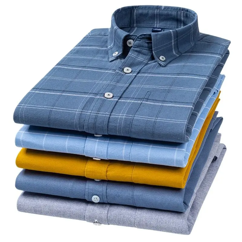 6XL 100% Pure Cotton Oxford Men's Striped Plaid Shirts Male Pocket Casual High Quality Long Sleeve Shirt For Men Button Up Shirt