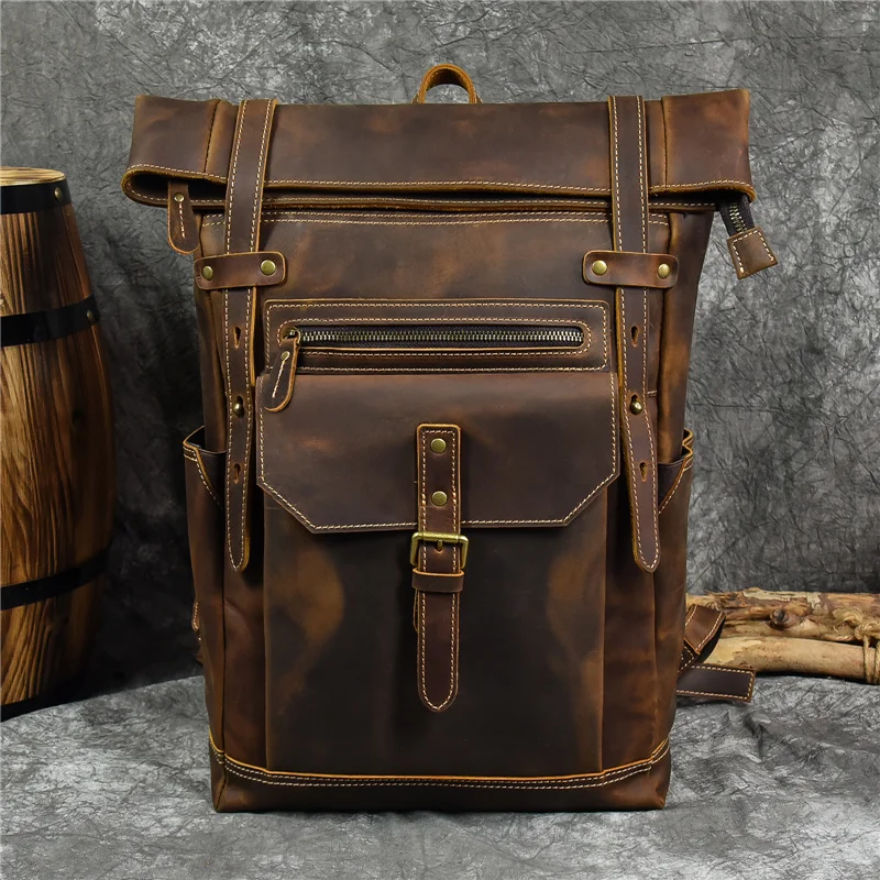 

Men's Bag Backpack Genuine Leather Rucksack For Men Travel Bookbag Retro 100% Crazy Horse Leather Men Schoolbag New