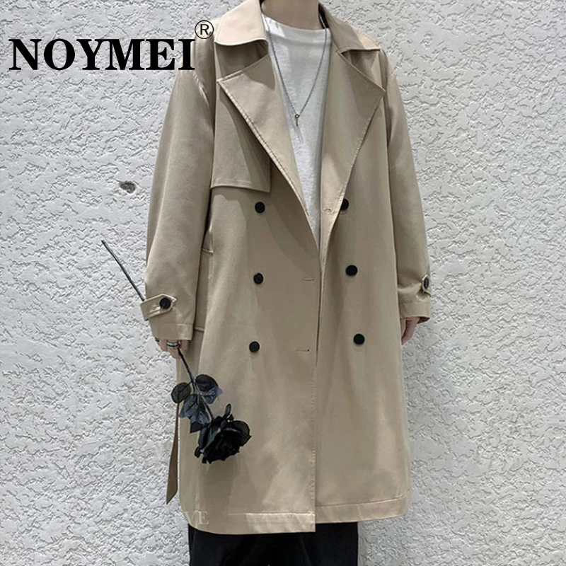 

NOYMEI Korean Windbreakers Men's Double Breasted Mid Length Trench Loose Oversized Long Coat Solid Color Casual Overcoat WA2687