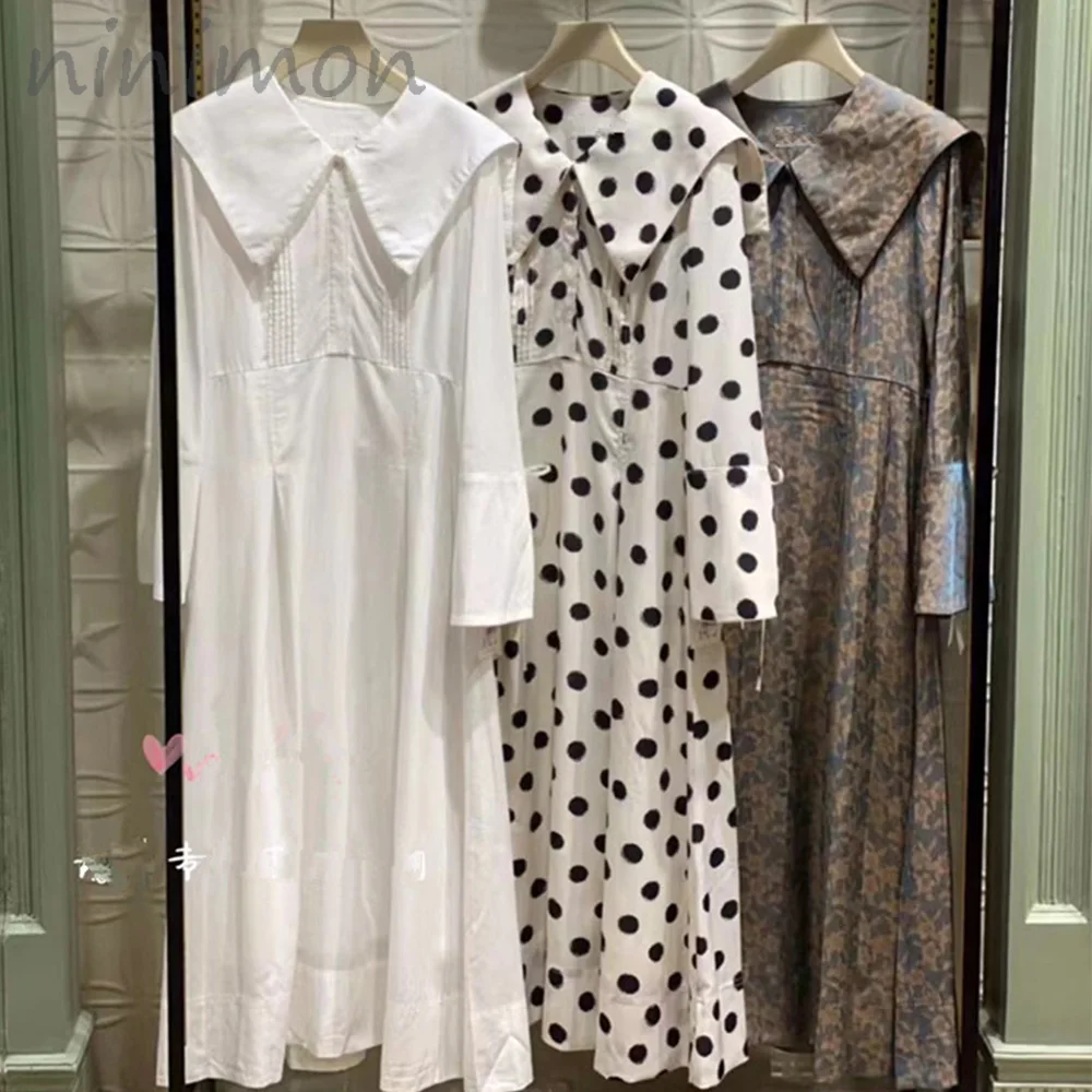 

NINIMON Sailor Collar Polka Dot Sweet Dress Flare Sleeve Lace Up Casual Dresses Slim High Waist Robe Femme Drawstring Dresses