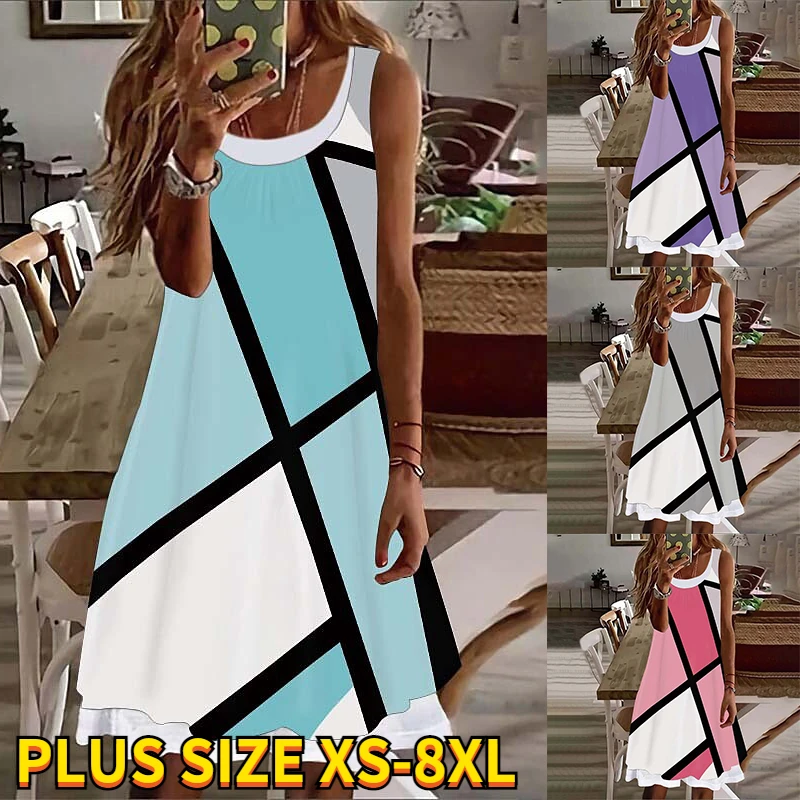 

2022 Summer Women's New Design Dress Round Neck Abstract 3D Printed Painting Dress Casual Female Sleeveless Dresses Plus Size