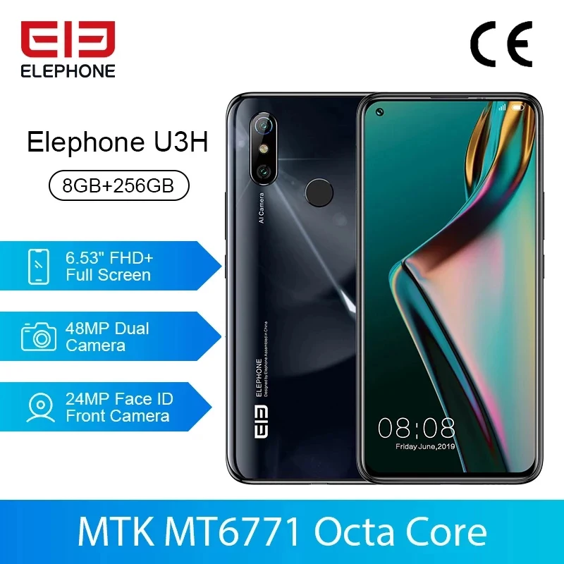 Elephone U3H 4G Smartphone 6.53 inch Android 9.0 Helio P60 Octa Core 8GB RAM 256GB ROM 2 Rear Camera 3500mAh NFC Mobile Phone