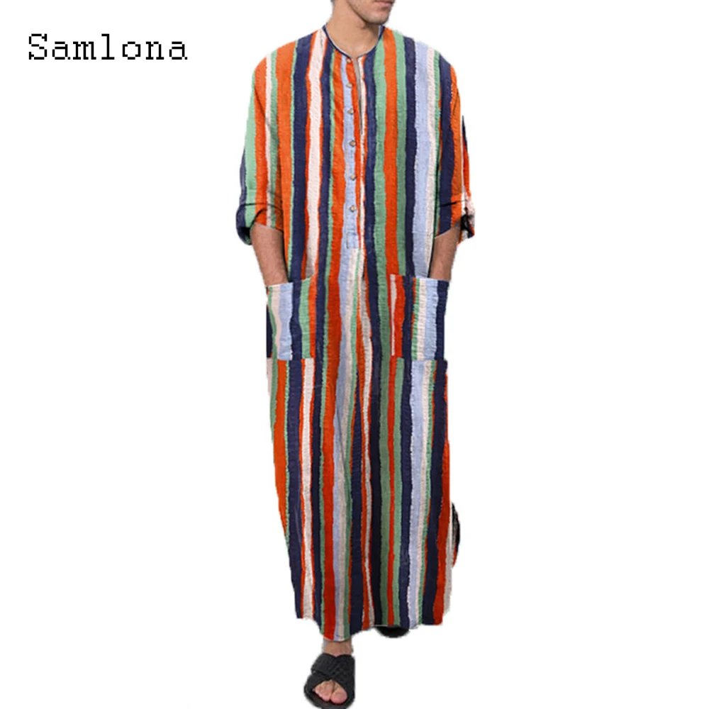 Samlona Plus Size Men Muslim Islamic Kaftan Arab Vintage Autumn Loose Shirt Clothing Short Sleeve Men Fashion Stripe Thobe Robe