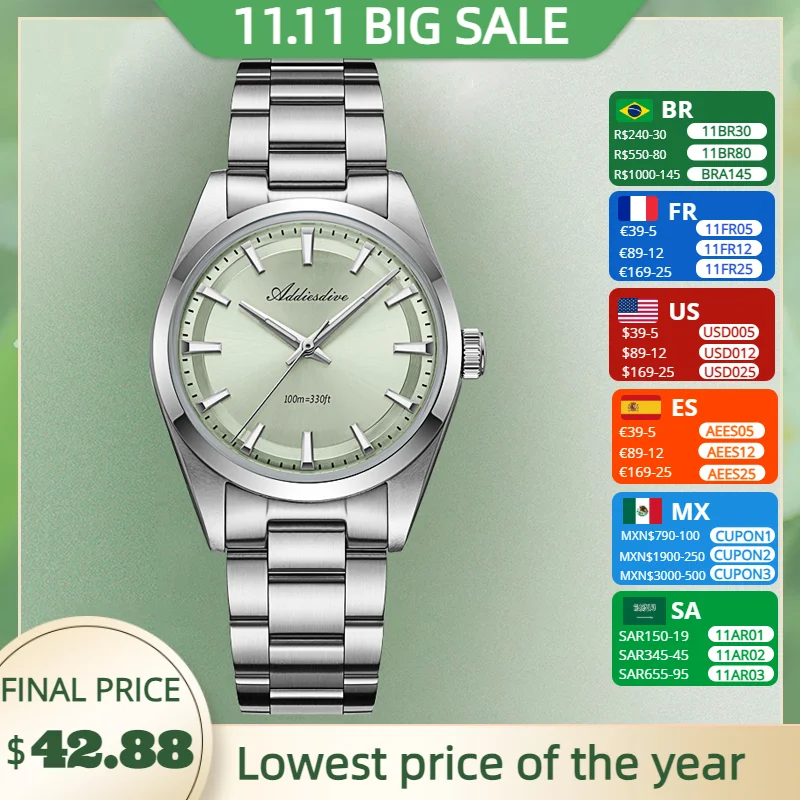 ADDIESDIVE Мужские часы AR-покрытие Куполообразное стекло Мятно-зеленый циферблат 100 м