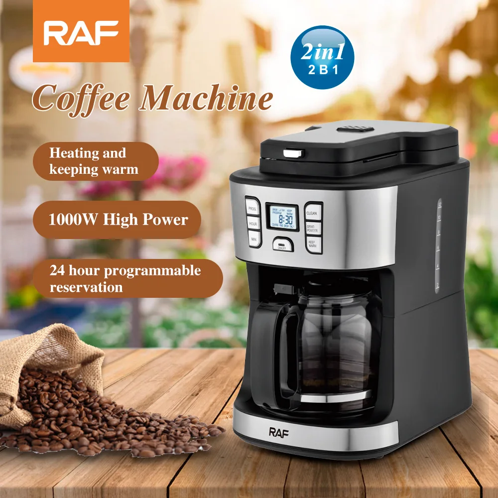 RAF 1000W American coffee machine home multi-function automatic drip coffee machine automatic grinding beans 2 in 1 machine 220V