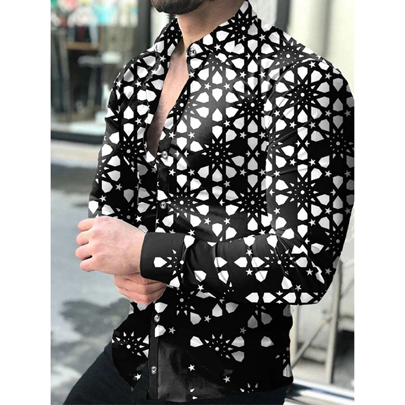 Fashion Quicksand Print Shirts Men 2022 New Prom Cardigan Turn-down Collar Buttoned Shirt Casual Long Sleeve Tops Men's Clothing