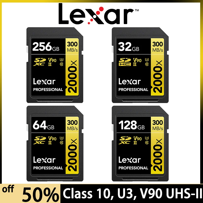 

Original Lexar Professional SD Card 2000x SDHC 32GB SDXC 64GB 128GB 256GB C10 V90 UHS-II U3 SD Card Memory Card For 4K/8K Camera