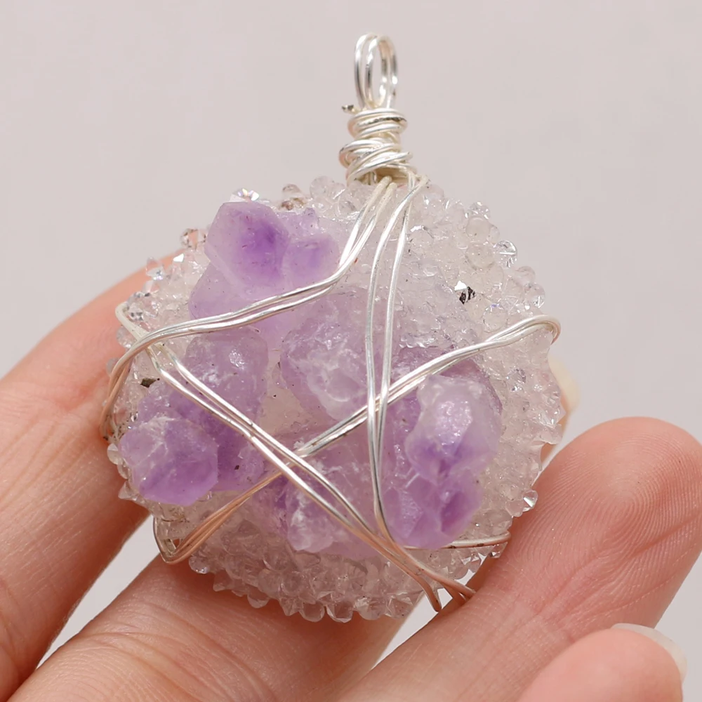 

Natural Stone Round Purple Crystal Bud Winding Silver Wire Pendant For Jewelry MakingDIY Necklace Earring Accessories Charm Gift