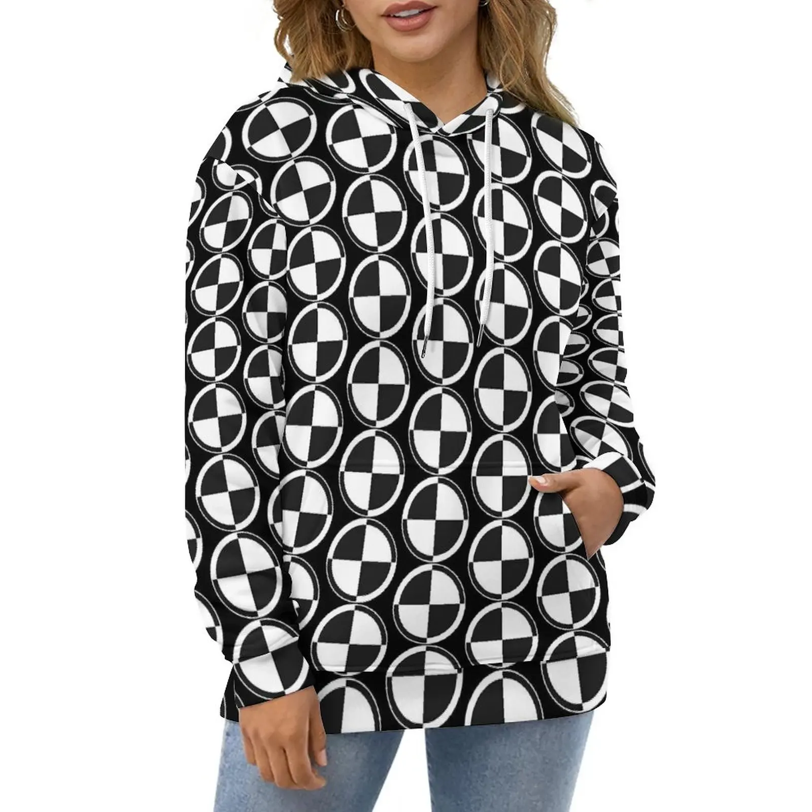 

Checker Two Tone Hoodies Black White Retro Mod Streetwear Oversize Hoodie Woman Long Sleeve Aesthetic Graphic Casual Sweatshirts