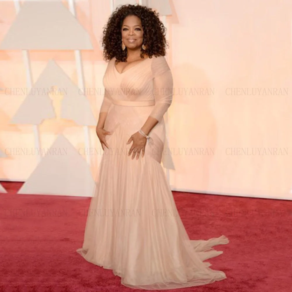 

Oprah Winfrey Oscar Celebrity Dresses Plus Size V-neck Sheath Tulle With Sleeves Sweep Train Draped Mother's Evening Dresses