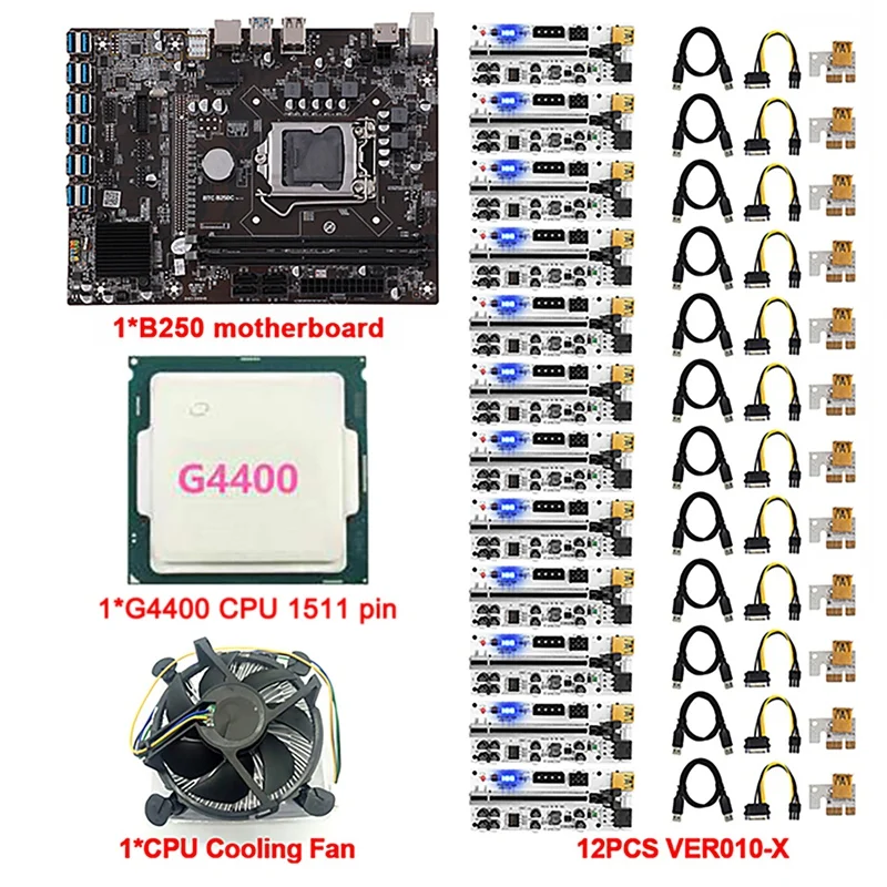 

B250C BTC Mining Motherboard with 12XVER010-X PCIE Riser Card+ CPU+Cooling Fan 12 PCIE to USB3.0 LGA1151 DDR4 DIMM