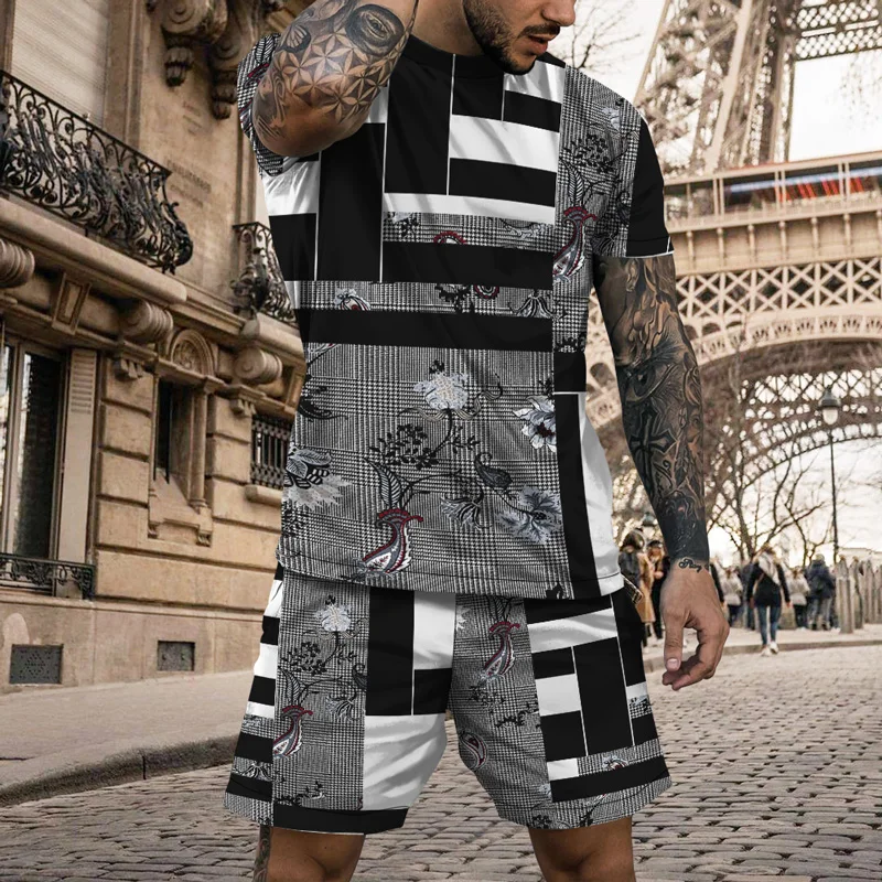 2023 Men's Latest Summer Two-piece Fashion Casual Short-sleeved T-shirt Short Suit Street Clothes Vintage Geometric Pattern Prin