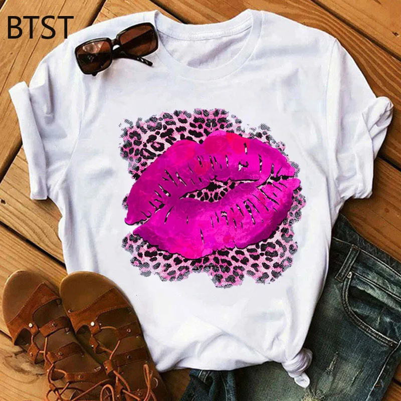 

Casual Top Pink Leopard Print Lips Women's Top New Women's Sexy Lip Pattern Women's T-shirt Women's Fashion Top
