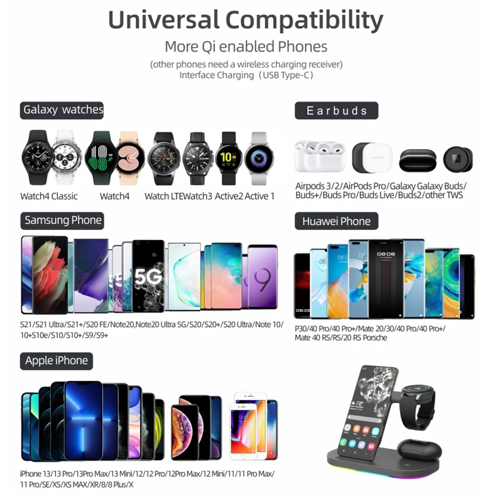Беспроводная зарядная станция 3 в 1 быстрая зарядка для Samsung Galaxy S22/S21/S20/S10 Watch 4 Classic