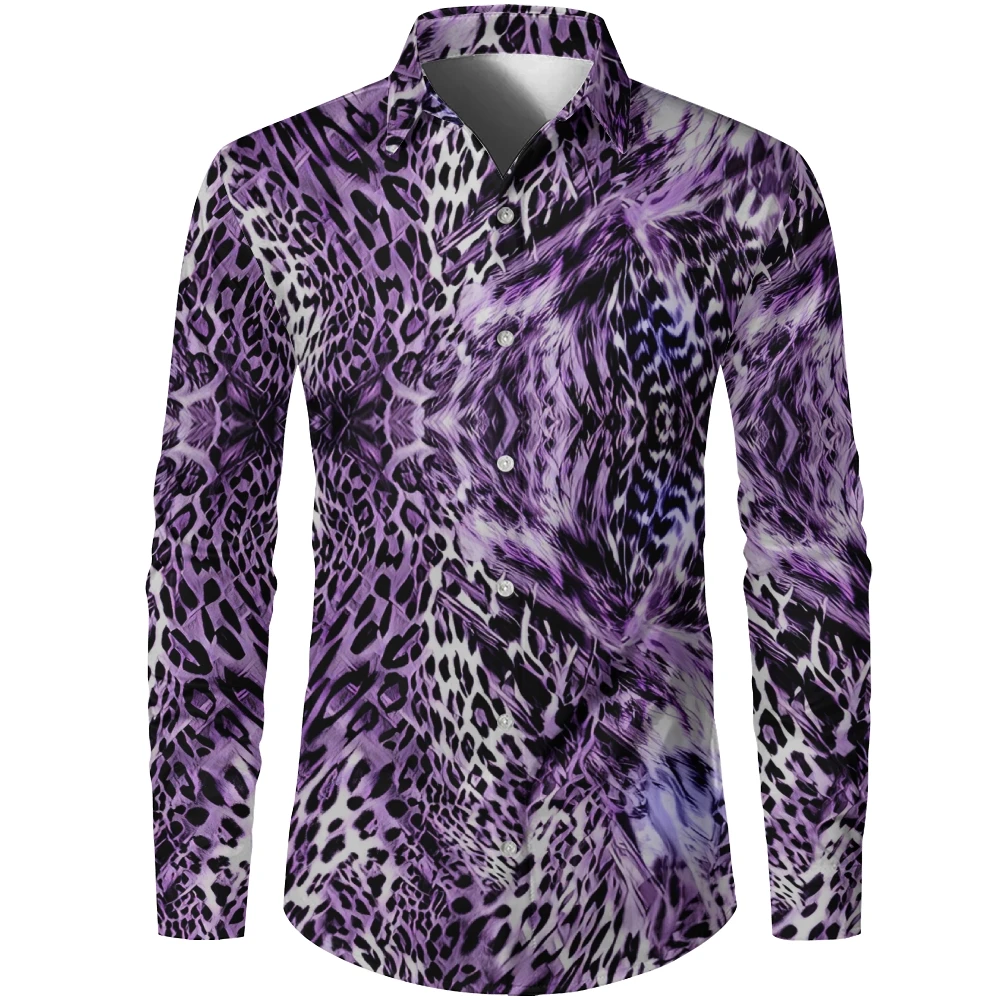 

Spring And Summer Men'S Hawaiian Shirt 3d Leopard Lapel Button Casual Fashion Trend Personality New Long-Sleeved Purple Cardigan