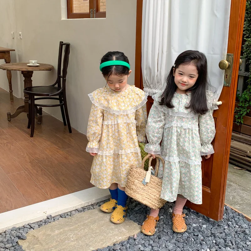 

2022 Spring new Kids lace patchwork floral loose princess dress baby girls 2 colors cotton long style dresses