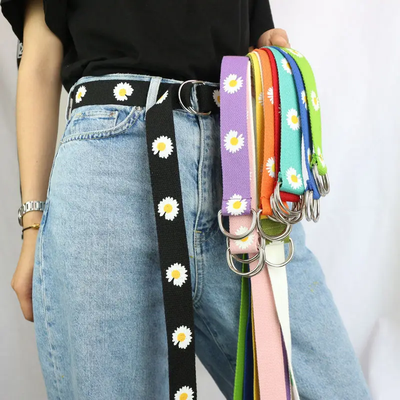 

Wholesale Fashion Women Canvas Belts Daisy Double D Ring Buckle Long Waist Strap Harajuku Jeans Dress Casual Female Student Belt