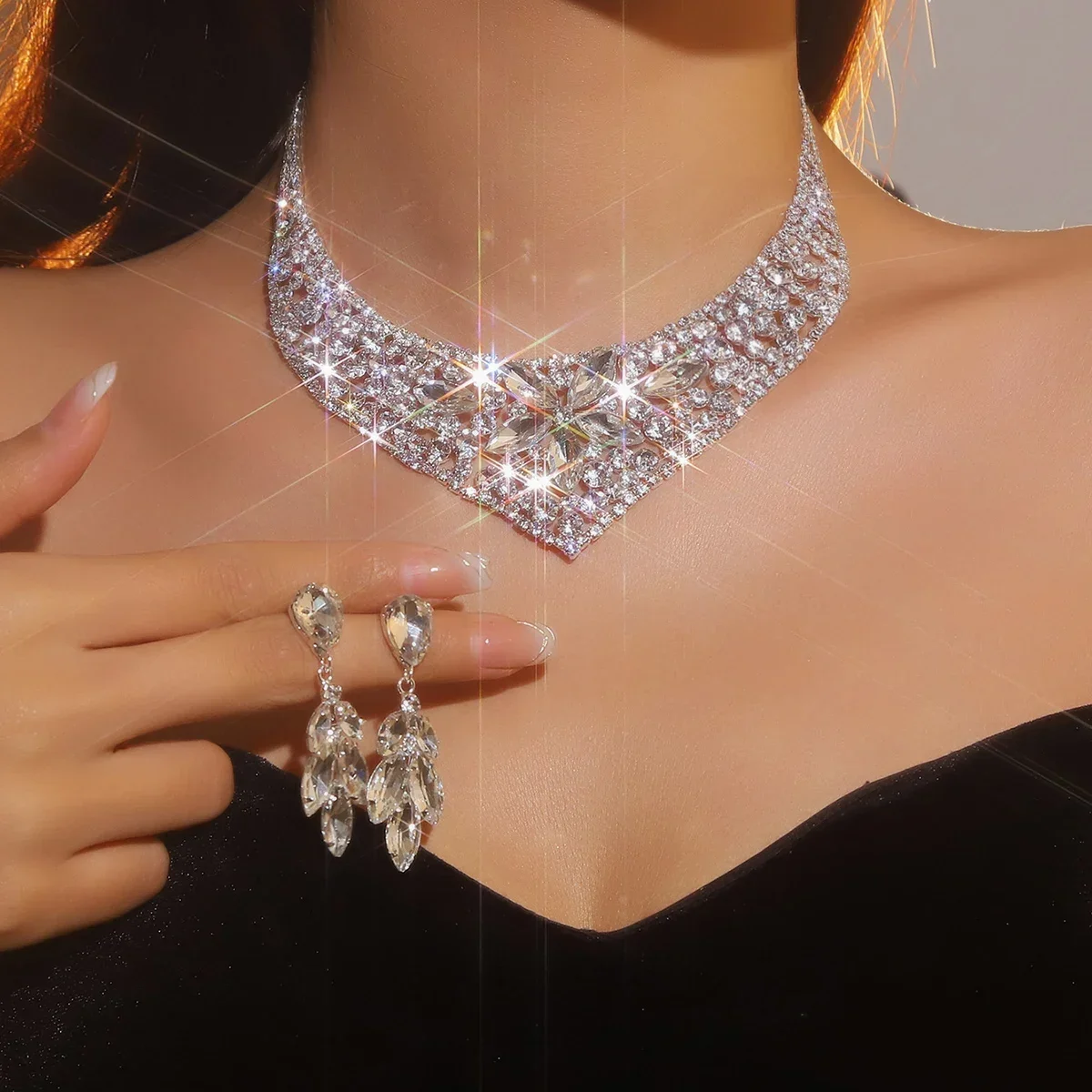 Модный комплект свадебных украшений с кристаллами для женщин ожерелье со