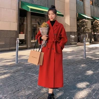 womens autumn and winter 2022 temperament mid length thick woolen long sleeved womens jacket trend red fashionable woolen coat
