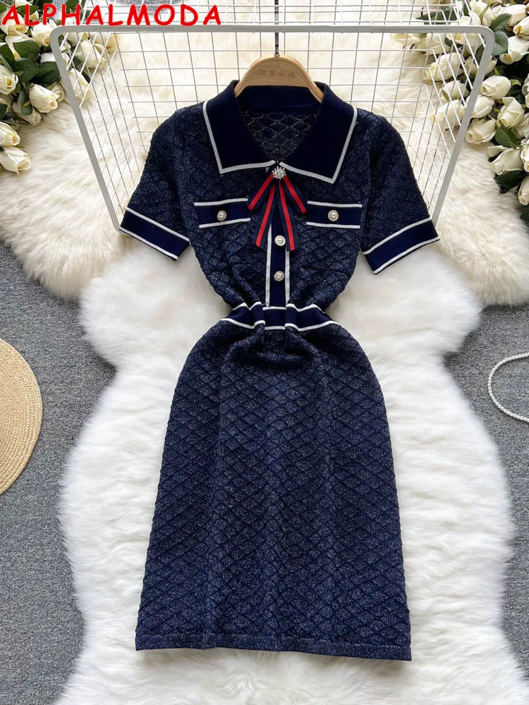 

ALPHALMODA 2022 Summer Elegant Glittering Knitted Bowknot Short-sleeved Dress Women Slim A-line Trendy Dress