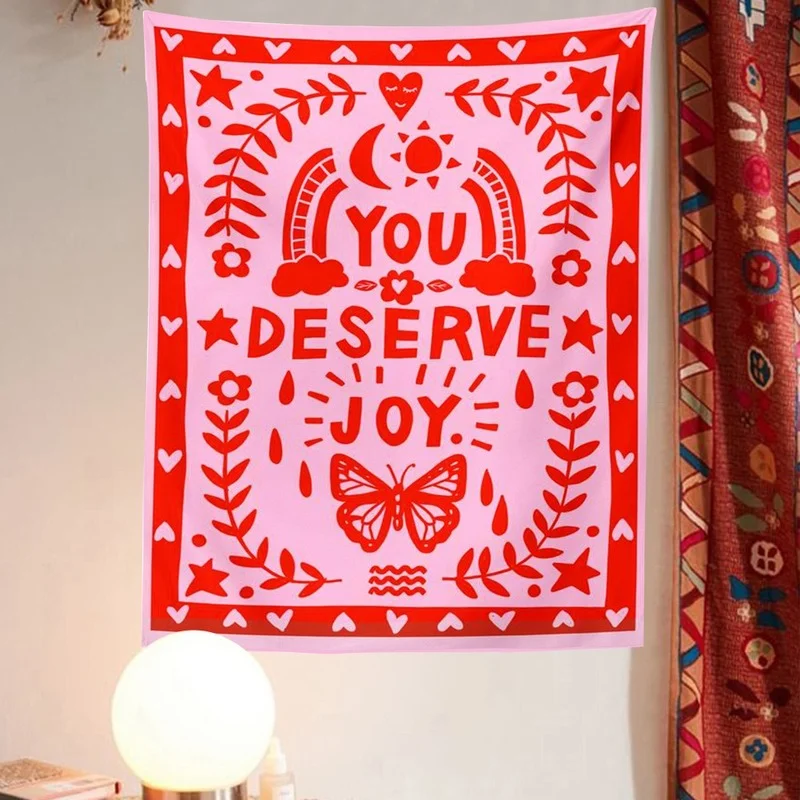 

Гобелен настенный в стиле бохо, украшение с красными радугами, бабочками, листьями, солнцем, луной, растительный Цветочный декор, домашний д...