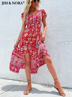 jim nora vintage floral boho printed vestidos women short sleeves v neck slit midi dresses a line bohemian summer beach dress