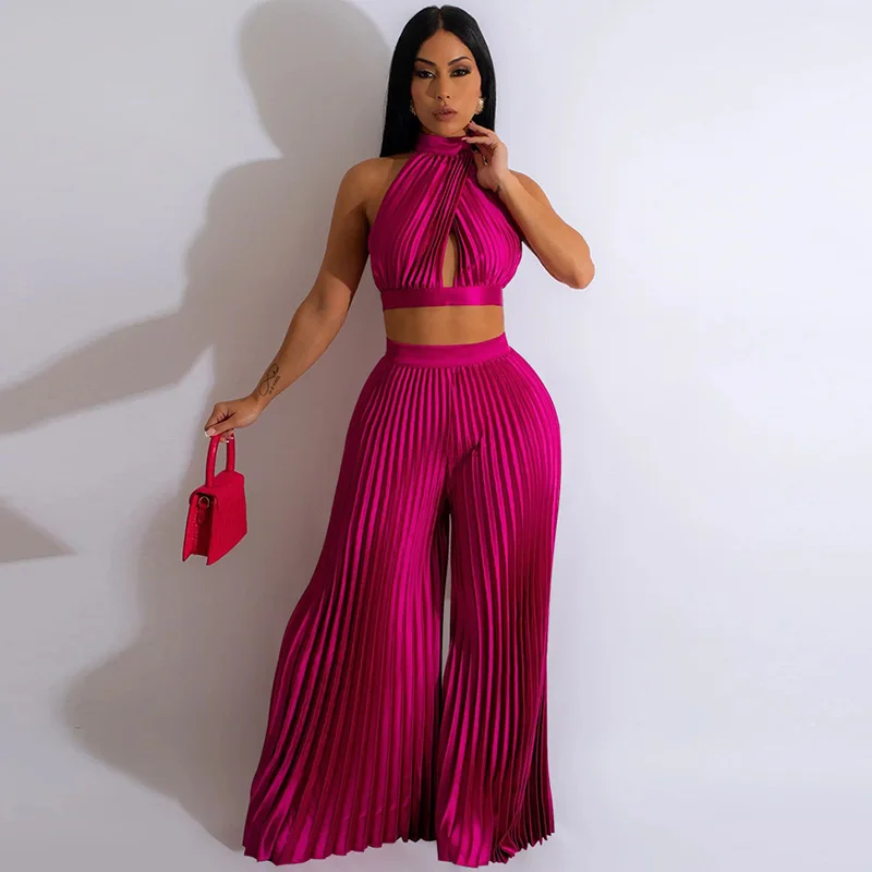 Znaiml 2023 Sexy Satin Pleated Birthday Outfits Women Matching Sets Club Party Halter Backless Crop Top and Wide Leg Pants Sets 2