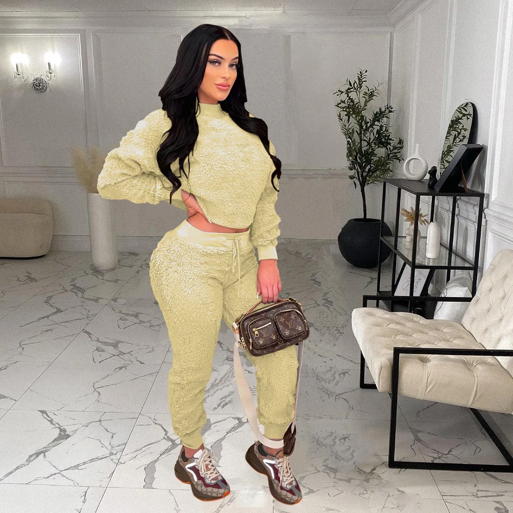 

Casual Plush Fuzzy Tracksuit Home Clothes for Women Solid Long Sleeve Half High Necked Hoodies and High Waist Jogger Sweatpants