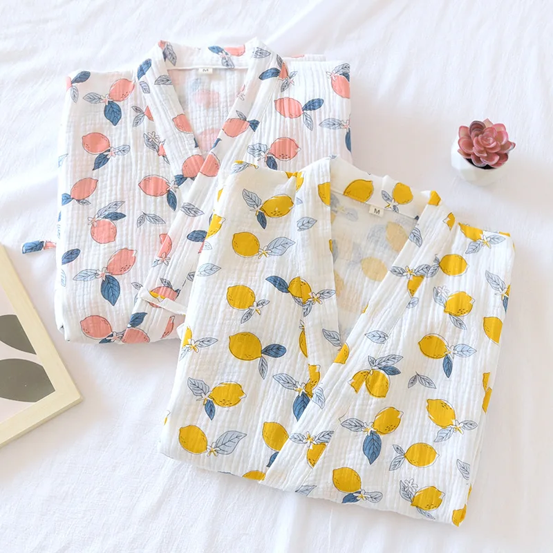 Crepe Printed  Kimono Robes Diagonal Lace Up V-neck Loose Comfortable Nightgown Three Quarter Mango Bathrobe Long Night Gown