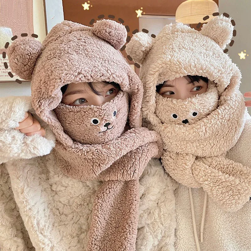 

Зимние шапки облегающие шапки с маской милые теплые плюшевые шапки и шарф с мультяшным медведем для женщин студентов ветрозащитная Милая ш...