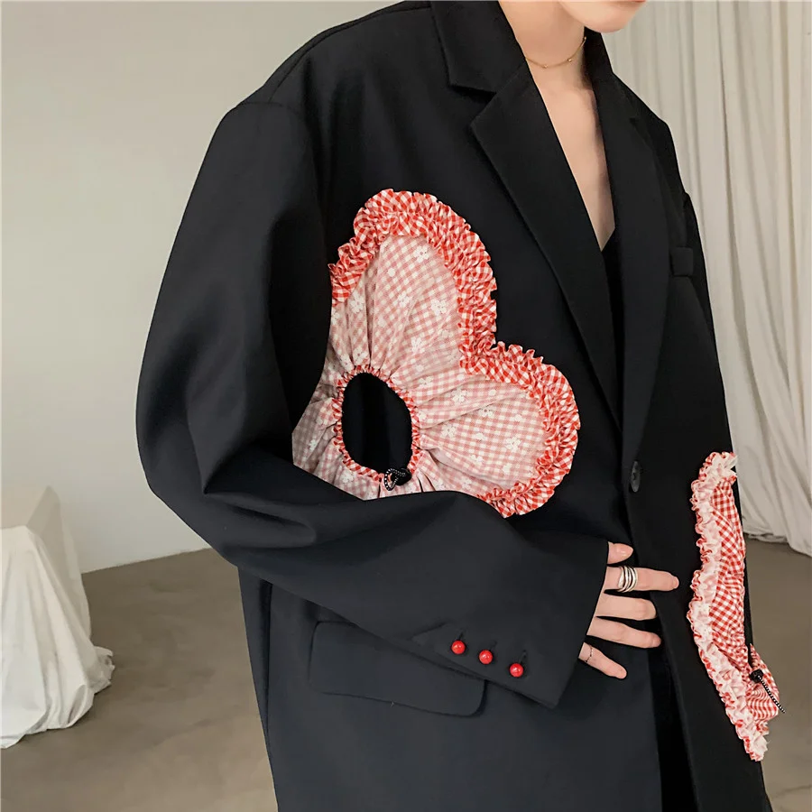 2023 New Autumn Winter Turn-down Collar Loose Patchwork Long-sleeved Solid Blazer Coat Female Black Floral Minimalist Suit Top