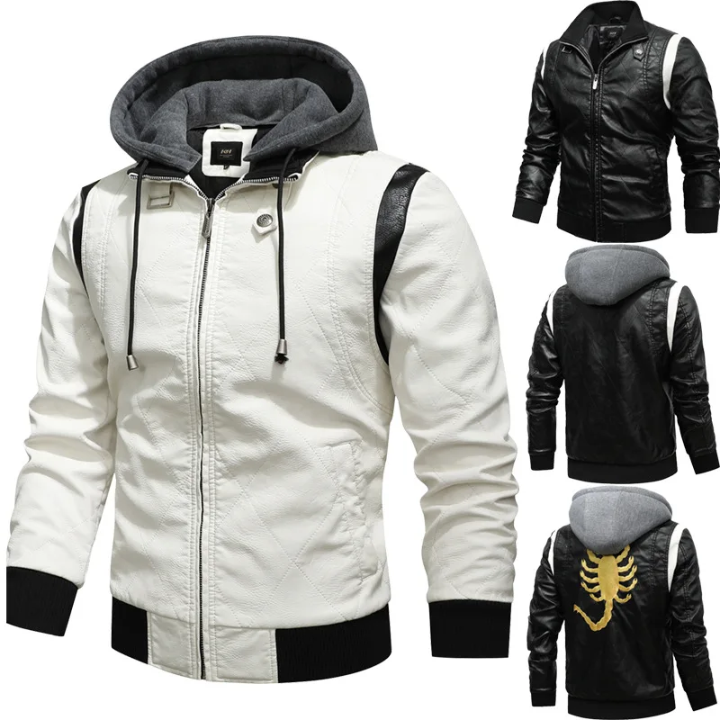

2022 Men's PU Leather Stand Collar Knitted Hooded Color Matching Casual Leather Coat
