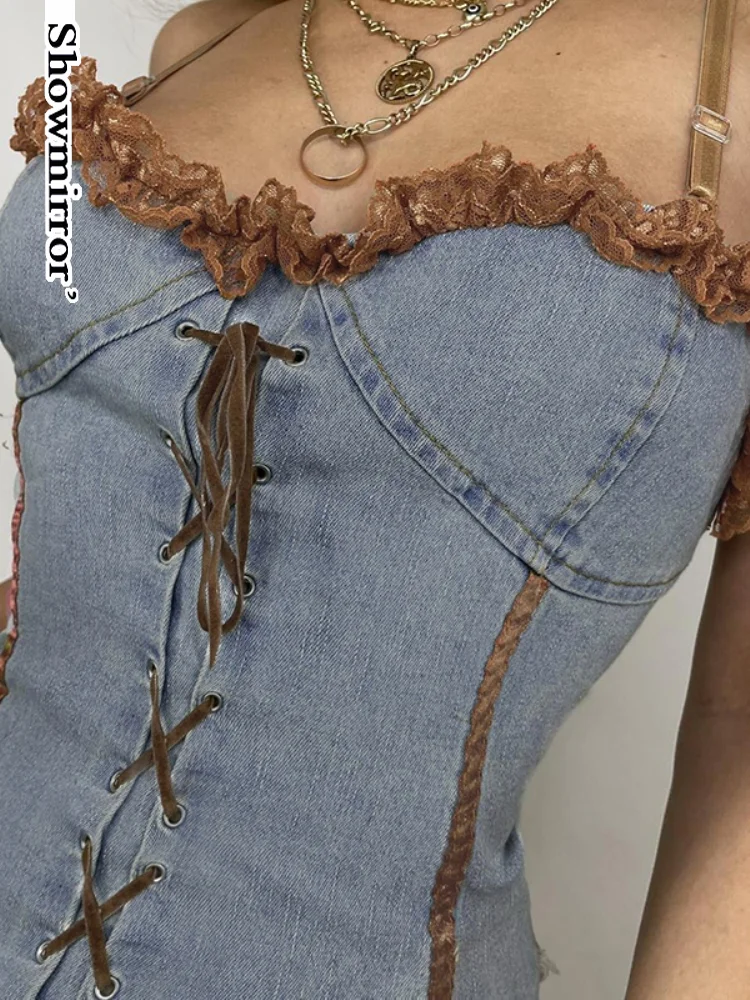 

Showmirror кружевная отделка Y2K джинсовый топ на бретельках контрастный бандажный тонкий корсет Топы женские с кисточками на подоле винтажный у...