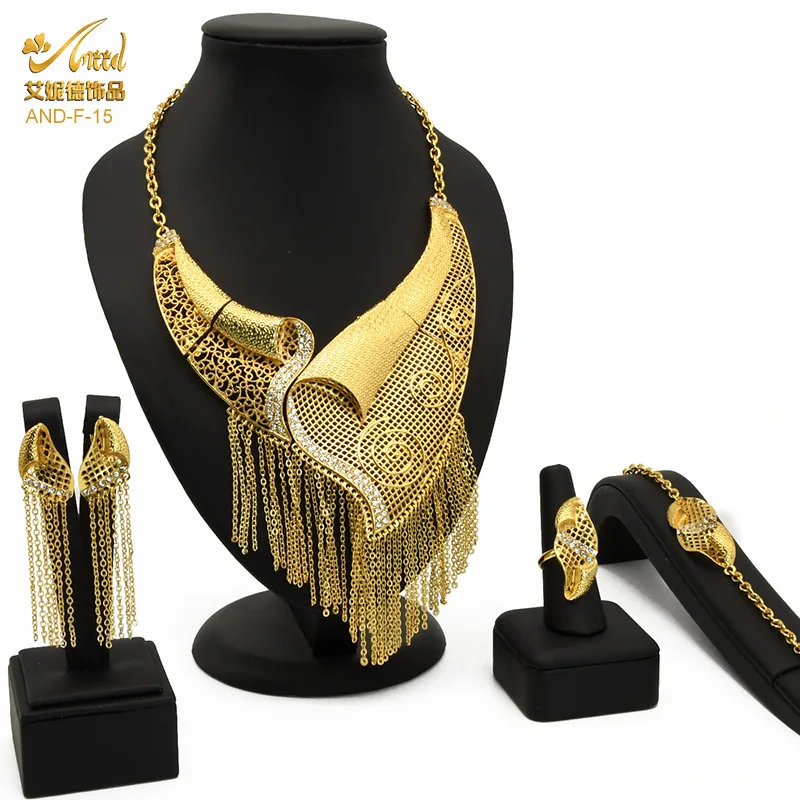 

Dubai Gold Temperament 24k Gold Tassel Necklace Earrings Bracelet Ring Jewelry Set Bridal Wedding Jewelry