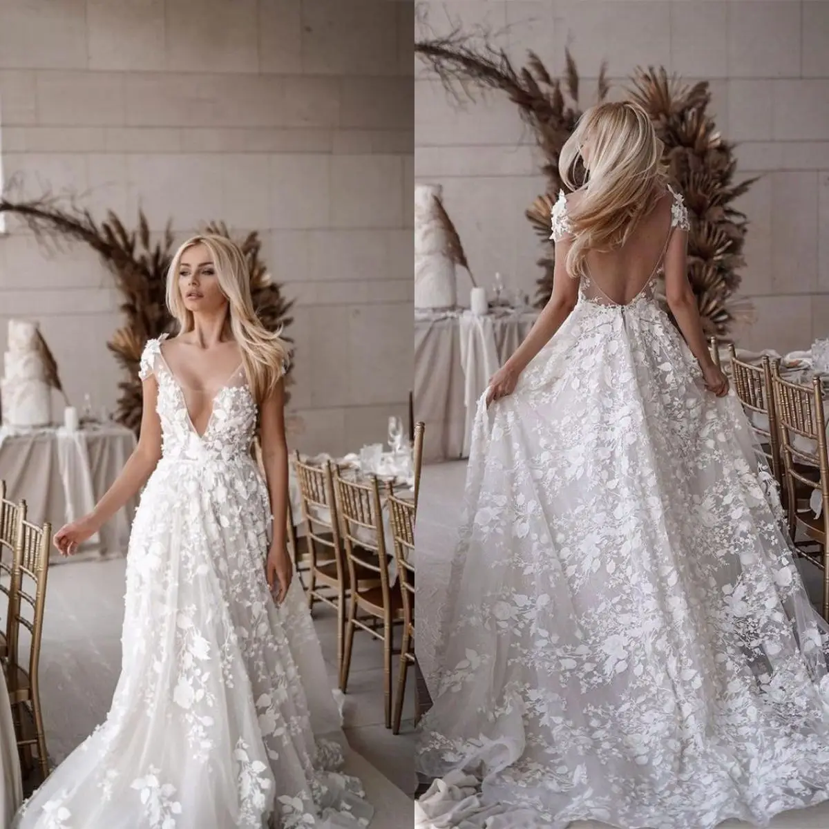 

Boho V-Neck Tulle Illusion Lace Appliques Wedding Dress 2022 A-Line Backless Bridal Gown