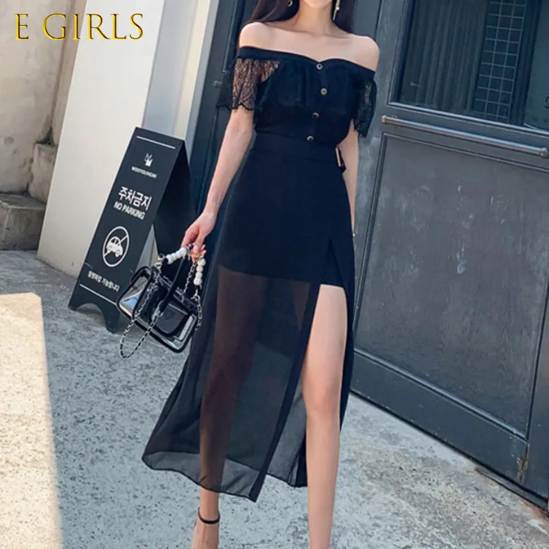 E GIRLS Korean Summer Ladies Two Piece Set 2022 New Sexy Off Shoulder Ruffles Lace Cropped Top + Fashion High Waist Skirts Suits