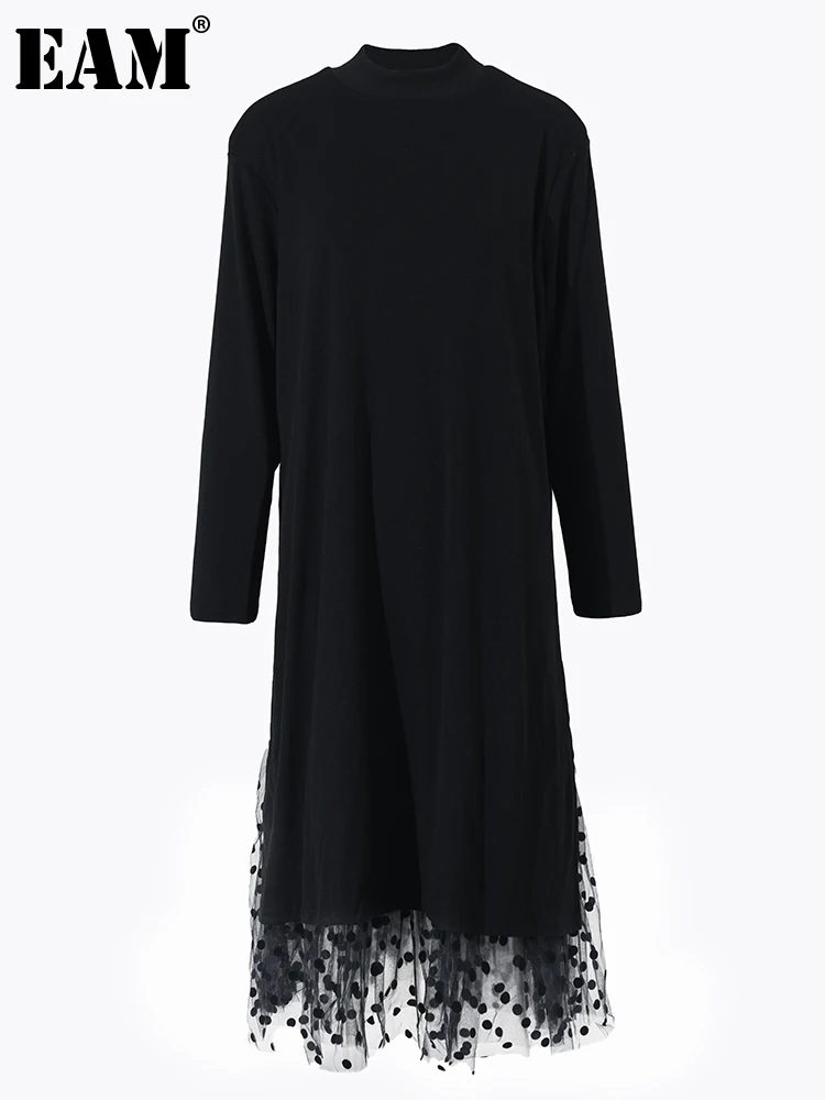 

[EAM] Women Mesh Dot Irregular Big Size Black Dress New Stand Collar Long Sleeve Loose Fit Fashion Spring Autumn 2023 1B5930