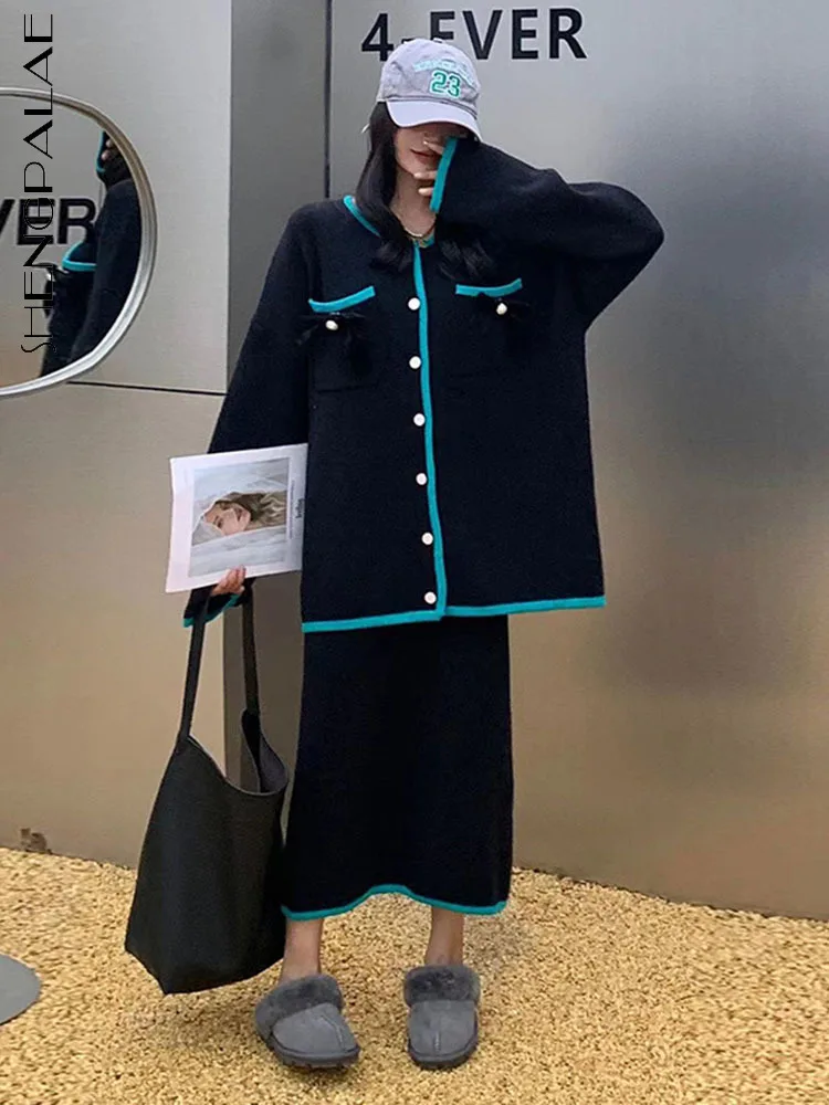 

SHENGPALAE, повседневный комплект из двух предметов, черный кардиган, вязаное пальто и прямая юбка, корейская модная женская одежда, зима 2022, 5R291