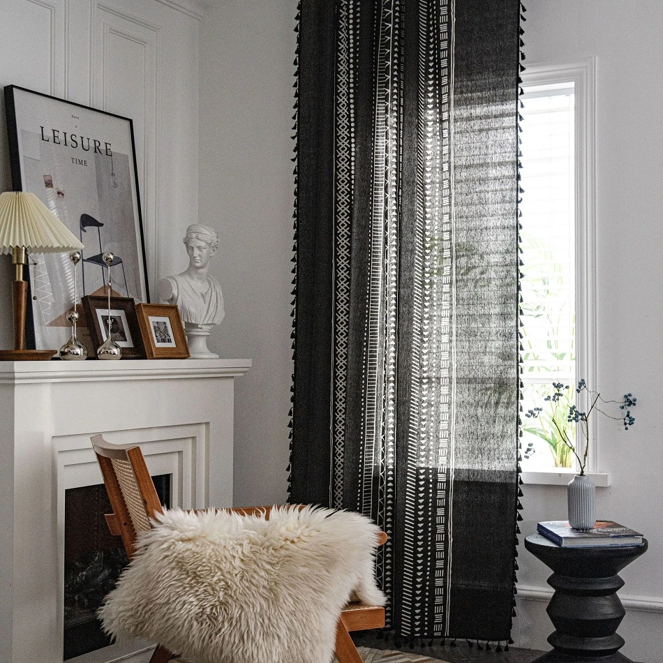 

Finished Curtain American Tassel Country Black and White Geometric Printed Semi-Blackout Curtins for Bedroom Bay Window Decor