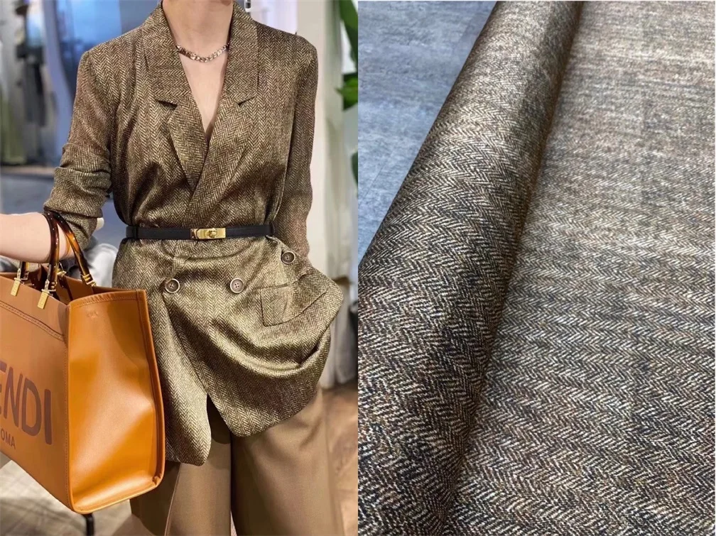 Oatmeal Color Herringbone Print Stretch Twill Silk Cloth Shirt Coat Suit High-Grade Silk Fabric