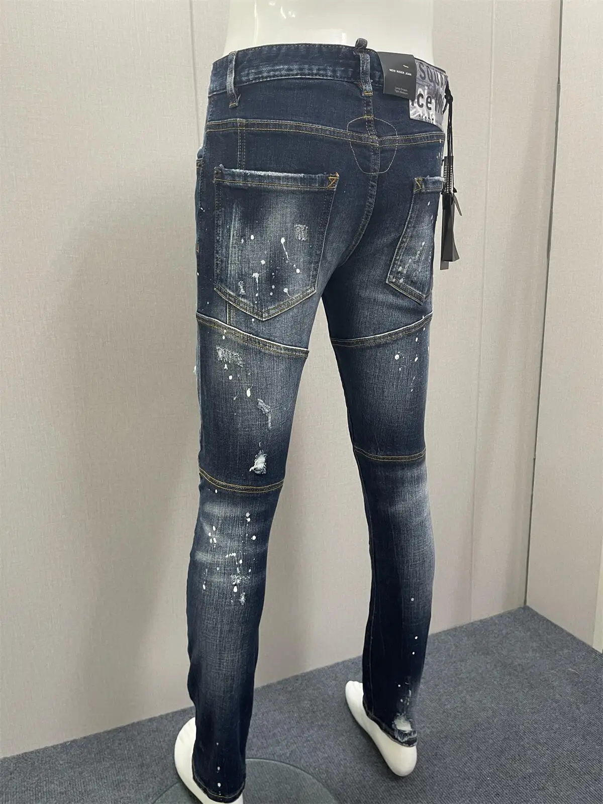 2023 Spring/Summer New  Jeans Fashion Men's Water Wash Worn Hole Patch Paint Speckled Ink Slim Fit Small Feet Blue Denim Pants