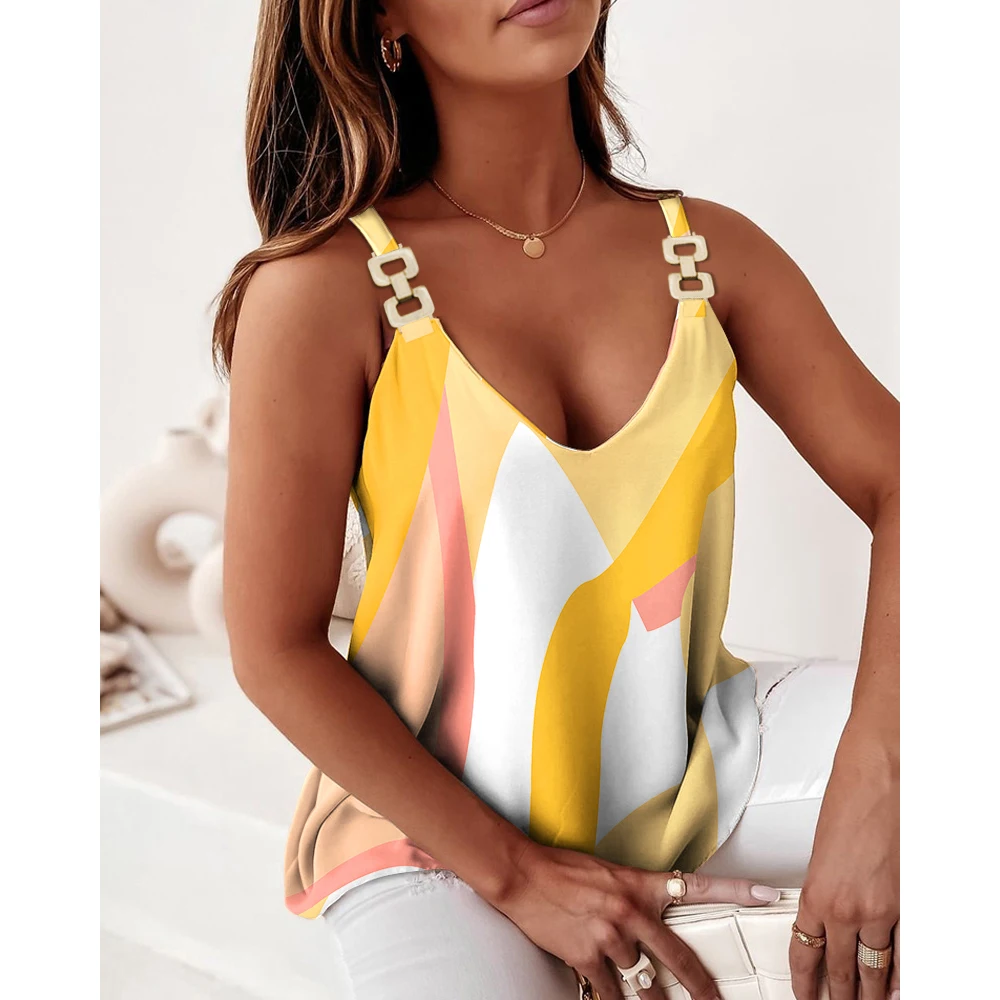 

Summer Women Colorblock Chain Strap V-Neck Cami Top Ninimour Women Casual Sleeveless Ladies T-Shirts Daily Wear Blouse 2022