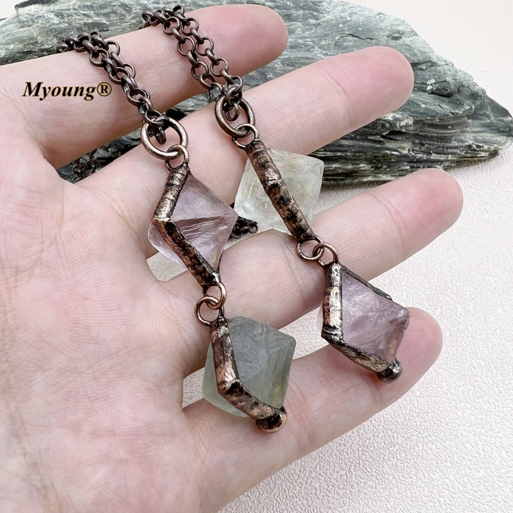 

10PCS Bronze Plated Simple Double Stones Natural Fluorite Crystal Quartz Pendant O-Chain Vintage Necklace MY230692