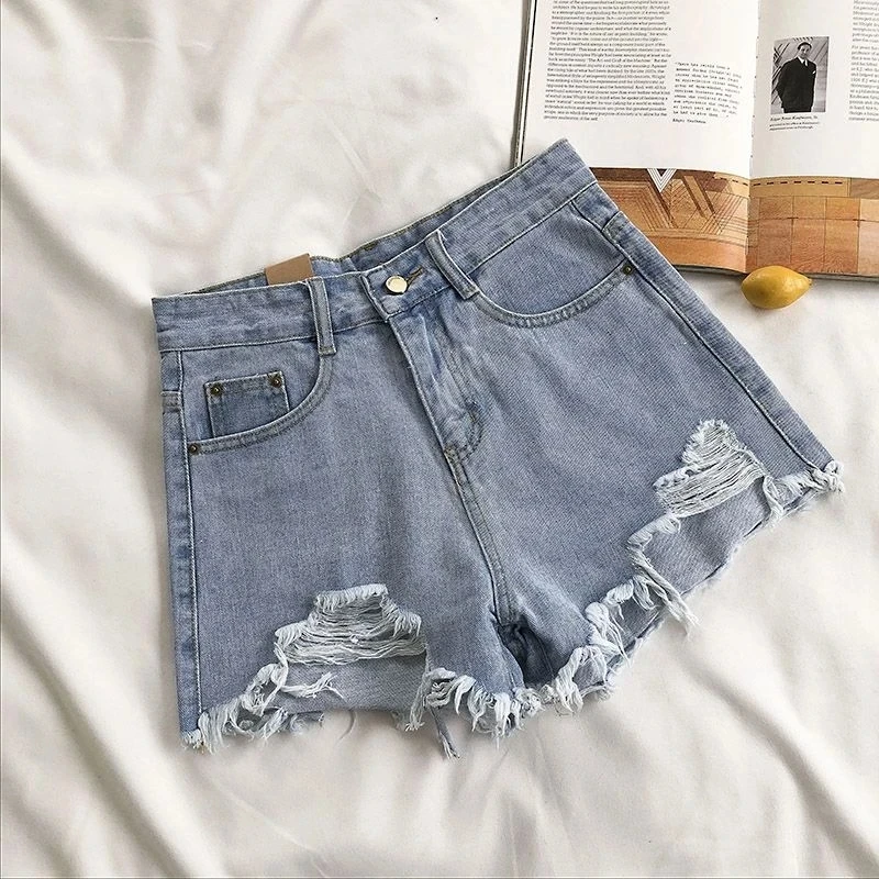 Women Summer Plus Size Pocket Tassel Hole Ripped Jeans Short Female Femme Short Pants Women Casual High Waist Denim Shorts