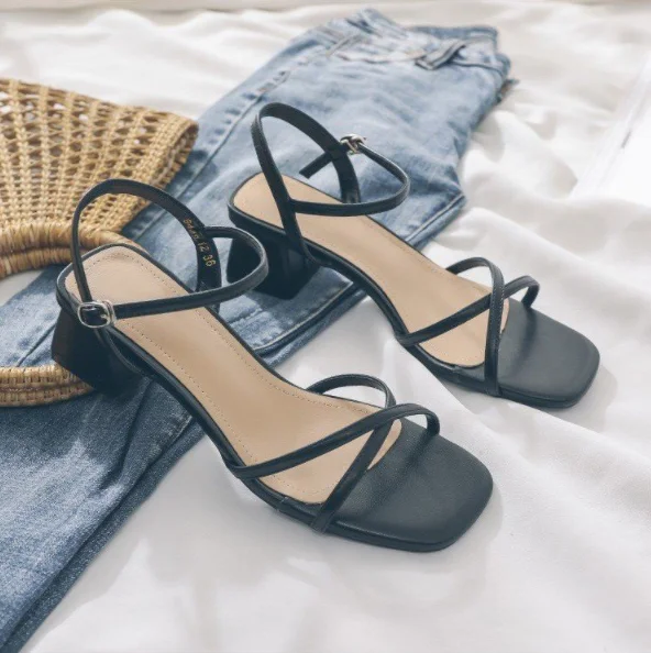 

Retro Woman Shoes 2022 Summer Beige Heeled Sandals Buckle Open Toe Med Original Black Fashion High New Peep Medium Comfort Girls