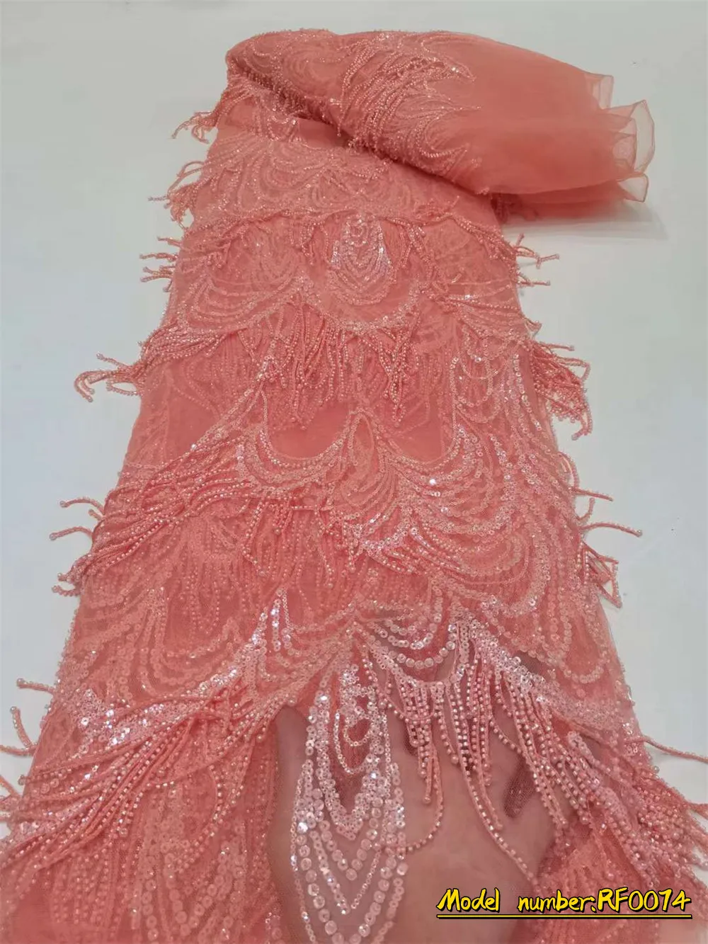 

2022 Handmade Bead Lace Elegant African Tulle Lace Fabric Nigeria Luxury Sequins 5 Yards Fabric for Wedding Bride Dress RF0074