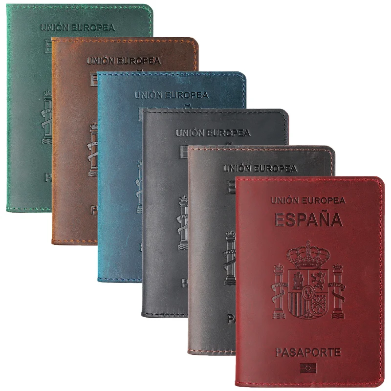 Genuine Cowhide Leather Imprinted Spanish Holder for Spanish Passports Vintage Document Organizer Id Folder Card Holder Wallet
