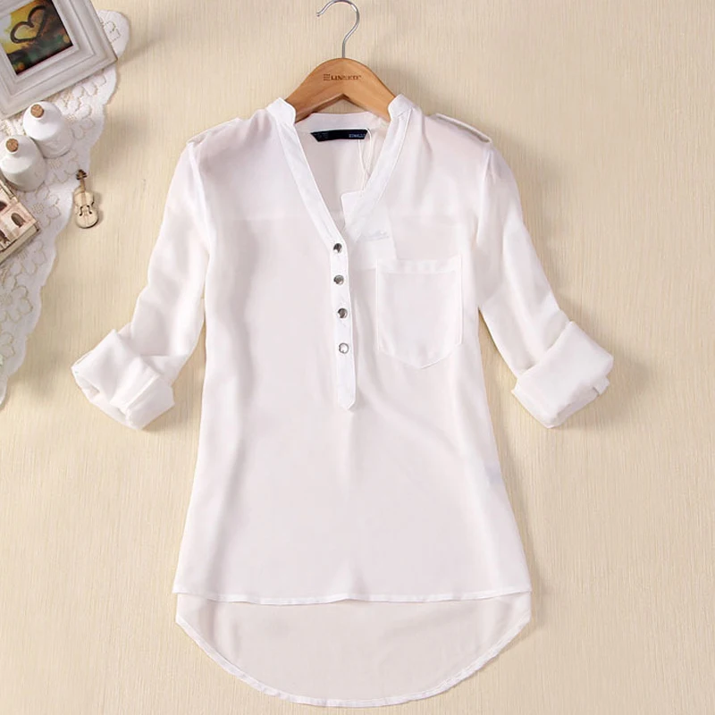 

Korean Chiffon Women Shirt White V-neck Long Sleeve Epaulet Fashion Blouses Tops Lady Solid Elegant White Blouse Blusas 24470